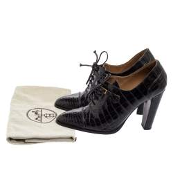 Hermes Black Croc Embossed Leather Lace-Up Oxford Ankle Booties Size 38.5