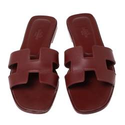 Hermes Burgundy Leather Oran  Sandals Size 38