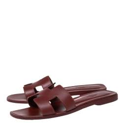 Hermes Burgundy Leather Oran  Sandals Size 38