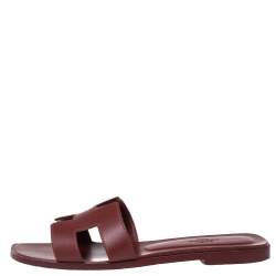 Pre Owned Hermes Burgundy Leather Oran  Sandals Size 38