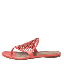 Pre Owned Hermes Coral Pink Leather Nautilus Thong Flats Size 37