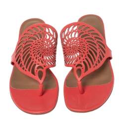 Pre Owned Hermes Coral Pink Leather Nautilus Thong Flats Size 37