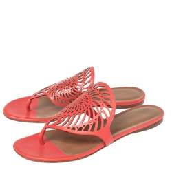 Pre Owned Hermes Coral Pink Leather Nautilus Thong Flats Size 37