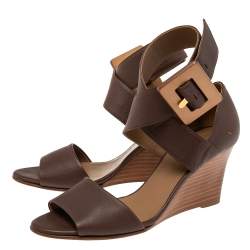 Hermes Brown Leather Wedge Ankle Strap Sandals Size 38.5