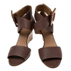 Hermes Brown Leather Wedge Ankle Strap Sandals Size 38.5