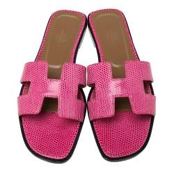 Hermes Pink Lizard Leather Oran Flats Size 37.5 