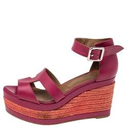 Hermes Black Leather Ilana Espadrille Wedges Sandals Size 37