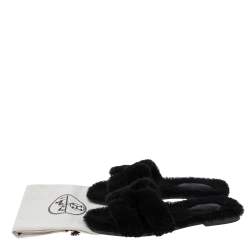 Hermès Black Fur Oran Flat Sandals Size 38
