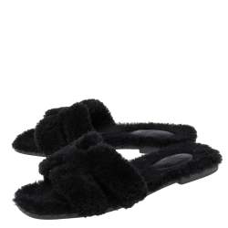 Hermès Black Fur Oran Flat Sandals Size 38