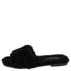 Hermès Black Fur Oran Flat Sandals Size 38