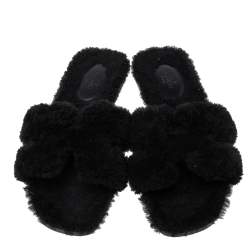 Hermès Black Fur Oran Flat Sandals Size 38