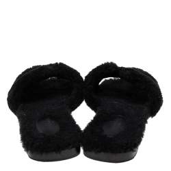 Hermès Black Fur Oran Flat Sandals Size 38