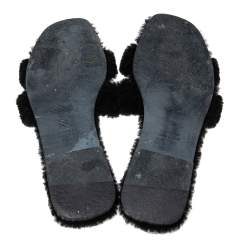 Hermès Black Fur Oran Flat Sandals Size 38