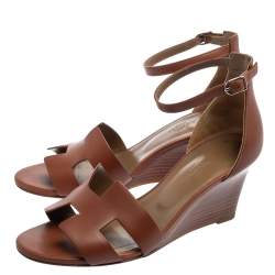 Hermes Brown Leather Legend Wedge Ankle-Strap Sandals Size 38.5