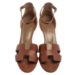 Hermes Brown Leather Legend Wedge Ankle-Strap Sandals Size 38.5