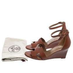 Hermes Brown Leather Legend Wedge Ankle-Strap Sandals Size 38.5