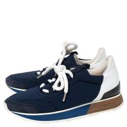 Hermes Navy Blue/White Nylon And Leather Buster Low Top Sneakers Size 36