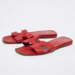 Pre Owned Hermes Red Leather Oran Flat Slides Size 36