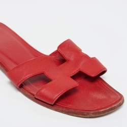 Pre Owned Hermes Red Leather Oran Flat Slides Size 36