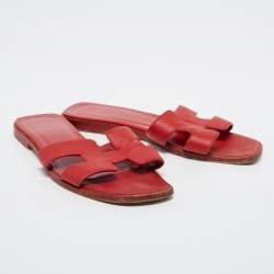 Pre Owned Hermes Red Leather Oran Flat Slides Size 36