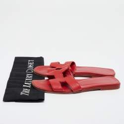 Pre Owned Hermes Red Leather Oran Flat Slides Size 36