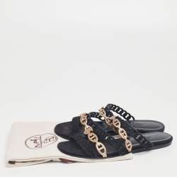 Hermès Black/Gold Suede And Leather  D'ancre Chaine Flat Sandals Size 36