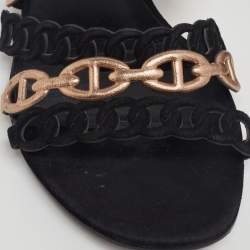 Hermès Black/Gold Suede And Leather  D'ancre Chaine Flat Sandals Size 36