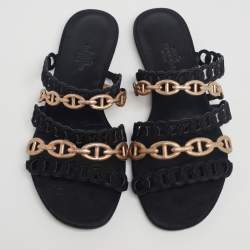 Hermès Black/Gold Suede And Leather  D'ancre Chaine Flat Sandals Size 36