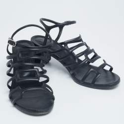 Hermes Black Leather Oracle Block Heel Ankle Strap Sandals Size 39