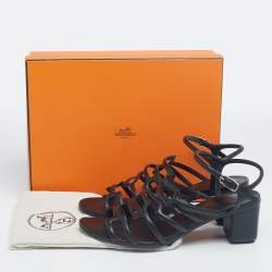 Hermes Black Leather Oracle Block Heel Ankle Strap Sandals Size 39