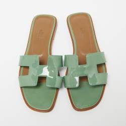 Hermès Green Patent Leather Oran Flat Slides Size 38