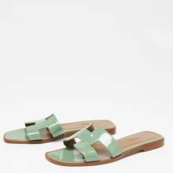 Hermès Green Patent Leather Oran Flat Slides Size 38