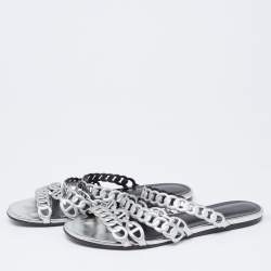 Hermes Silver Leather  D'ancre Chaine Flat Sandals Size 36