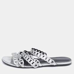Hermes Silver Leather  D'ancre Chaine Flat Sandals Size 36