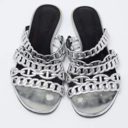 Hermes Silver Leather  D'ancre Chaine Flat Sandals Size 36