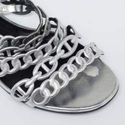 Hermes Silver Leather  D'ancre Chaine Flat Sandals Size 36
