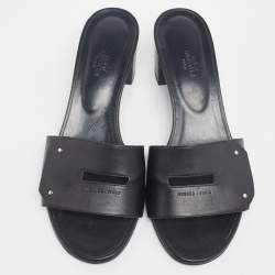 Hermes Black Leather View Slide Sandals Size 40