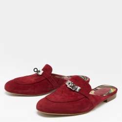 Hermès  Burgundy Suede Palladium Plated Oz Flat Mules Size 37.5