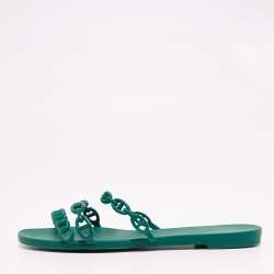 Hermes Teal Rubber D'ancre Chaine Rivage Flat Slides Size 41