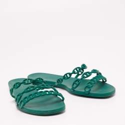 Hermes Teal Rubber D'ancre Chaine Rivage Flat Slides Size 41
