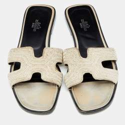 Pre Owned Hermes Metallic Twisted Metal Thread Oran Flats Size 37.5