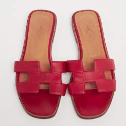 Hermes Red Leather Oran Sandals Size 37.5