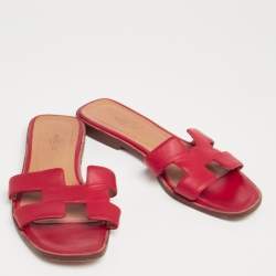 Hermes Red Leather Oran Sandals Size 37.5