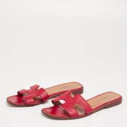 Hermes Red Leather Oran Sandals Size 37.5