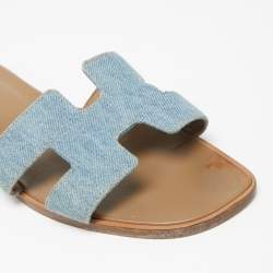 Hermes Blue Denim Oran Flat Sandals Size 38