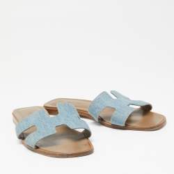 Hermes Blue Denim Oran Flat Sandals Size 38