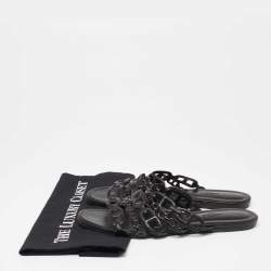 Pre Owned Hermes Black Leather D'ancre Chaine Flat Slides Size 38.5