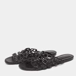 Pre Owned Hermes Black Leather D'ancre Chaine Flat Slides Size 38.5