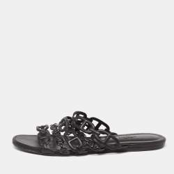 Pre Owned Hermes Black Leather D'ancre Chaine Flat Slides Size 38.5