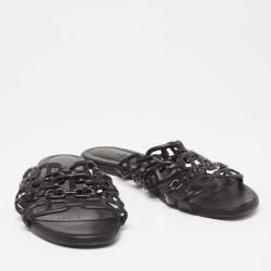 Pre Owned Hermes Black Leather D'ancre Chaine Flat Slides Size 38.5